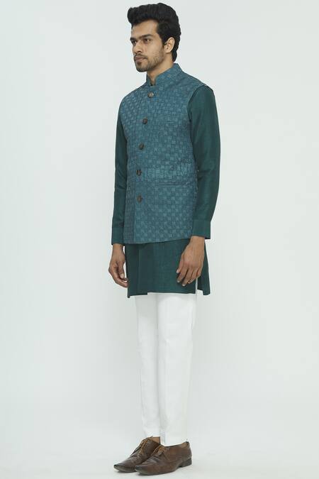 Nautanky Green Silk Textured Bundi Kurta Set Online at Aza Fashions Nautanky_Green Silk Textured Bundi Kurta Set _Online_at_Aza_Fashions