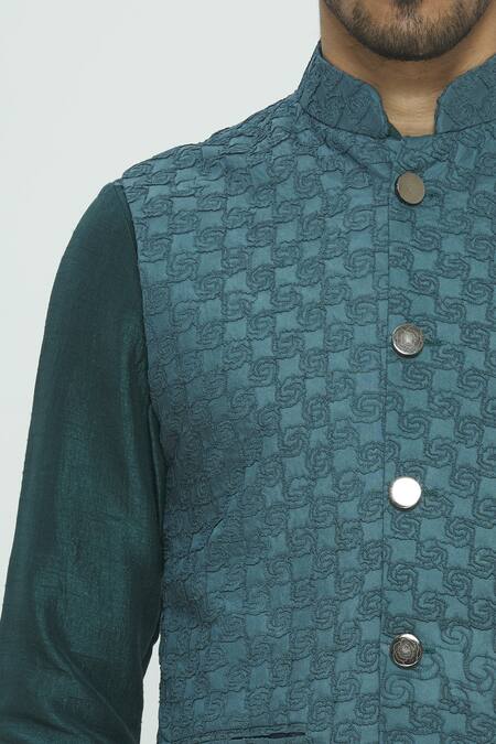 Nautanky Green Silk Textured Bundi Kurta Set at Aza Fashions Nautanky_Green Silk Textured Bundi Kurta Set _at_Aza_Fashions