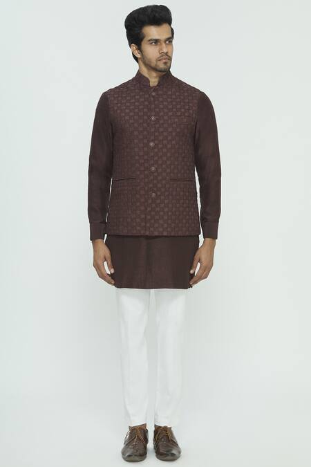 Nautanky_Brown Silk Textured Bundi Kurta Set _Online_at_Aza_Fashions