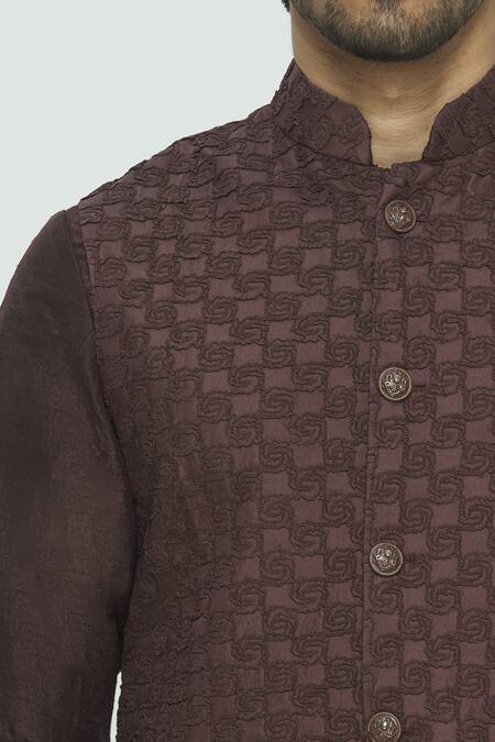 Nautanky_Brown Silk Textured Bundi Kurta Set _at_Aza_Fashions