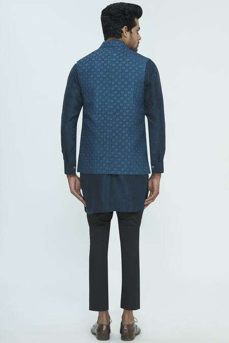 Shop Nautanky Blue Silk Textured Bundi Kurta Set at Aza Fashions Shop_Nautanky_Blue Silk Textured Bundi Kurta Set _at_Aza_Fashions