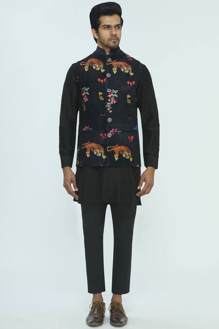 Nautanky Black Velvet, Thai Silk Printed Bundi Kurta Set Online at Aza Fashions Nautanky_Black Velvet, Thai Silk Printed Bundi Kurta Set _Online_at_Aza_Fashions