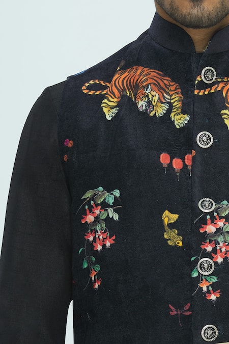 Nautanky Black Velvet, Thai Silk Printed Bundi Kurta Set at Aza Fashions Nautanky_Black Velvet, Thai Silk Printed Bundi Kurta Set _at_Aza_Fashions