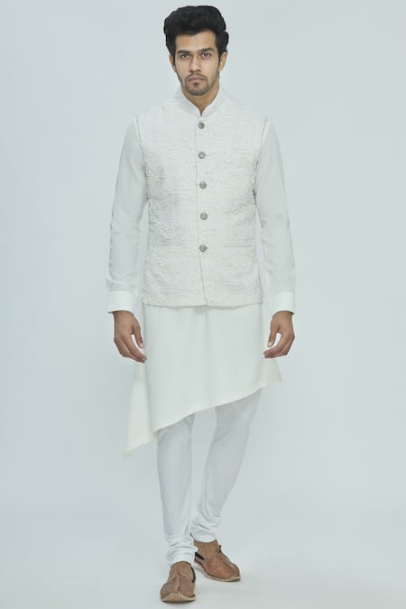 Nautanky White Korean Polyester Textured Bundi Kurta Set