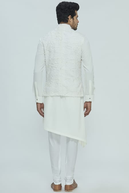 Shop Nautanky White Korean Polyester Textured Bundi Kurta Set at Aza Fashions Shop_Nautanky_White Korean Polyester Textured Bundi Kurta Set _at_Aza_Fashions