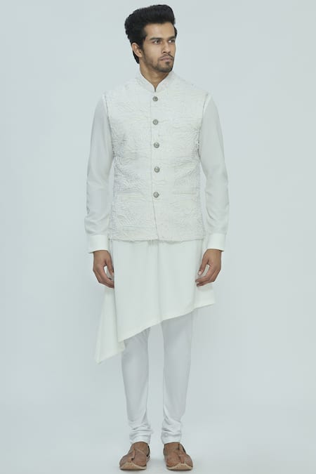 Nautanky White Korean Polyester Textured Bundi Kurta Set Online at Aza Fashions Nautanky_White Korean Polyester Textured Bundi Kurta Set _Online_at_Aza_Fashions