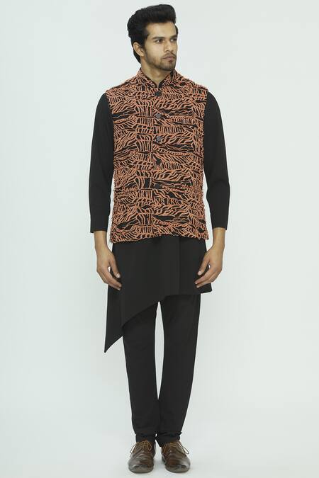 Nautanky Black Korean Polyester Textured Bundi Kurta Set Online at Aza Fashions Nautanky_Black Korean Polyester Textured Bundi Kurta Set _Online_at_Aza_Fashions