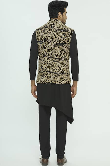 Shop Nautanky Beige Korean Polyester Textured Bundi Kurta Set at Aza Fashions Shop_Nautanky_Beige Korean Polyester Textured Bundi Kurta Set _at_Aza_Fashions