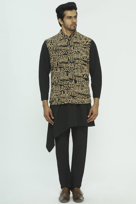 Nautanky Beige Korean Polyester Textured Bundi Kurta Set Online at Aza Fashions Nautanky_Beige Korean Polyester Textured Bundi Kurta Set _Online_at_Aza_Fashions