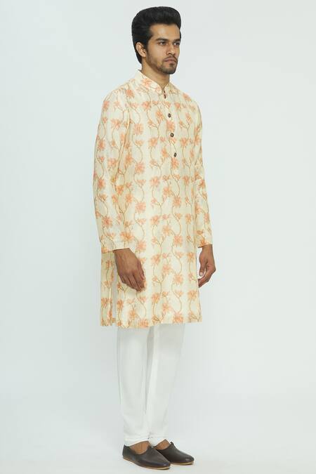 Nautanky Beige Thai Silk Printed Kurta Set Online at Aza Fashions Nautanky_Beige Thai Silk Printed Kurta Set _Online_at_Aza_Fashions