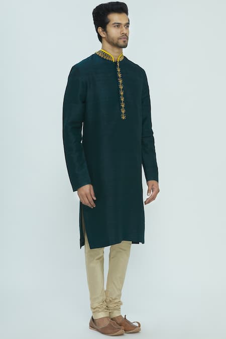 Nautanky_Green Chanderi Silk Sherwani Set _Online_at_Aza_Fashions