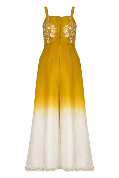 Priyanka Jain_Yellow Chanderi Embroidered Jumpsuit_Online_at_Aza_Fashions