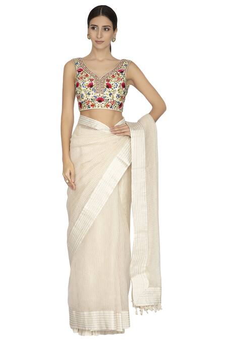 Buy_Priyanka Jain_White Embroidered Saree With Blouse _Online_at_Aza_Fashions