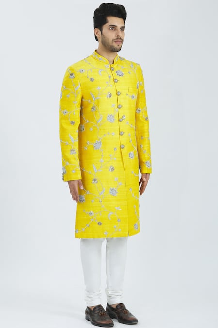 Nautanky_Yellow Raw Silk Embroidered Sherwani Set _Online_at_Aza_Fashions