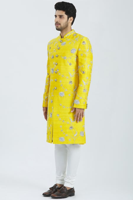 Buy_Nautanky_Yellow Raw Silk Embroidered Sherwani Set _Online_at_Aza_Fashions