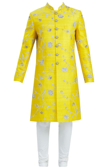 Shop_Nautanky_Yellow Raw Silk Embroidered Sherwani Set _Online_at_Aza_Fashions