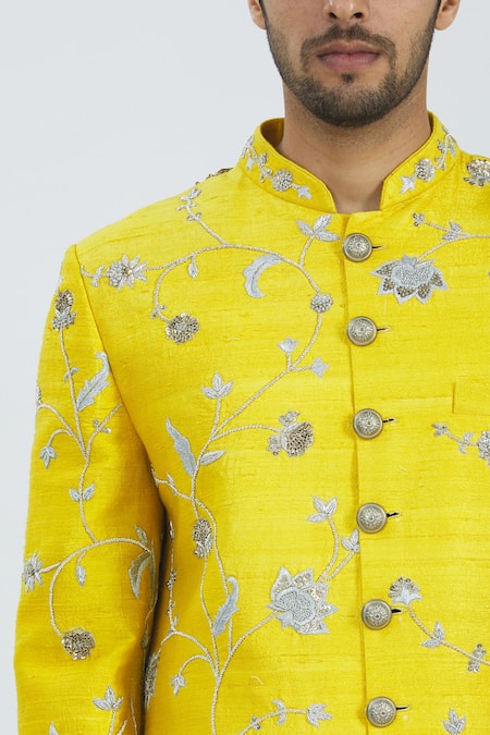 Nautanky_Yellow Raw Silk Embroidered Sherwani Set _at_Aza_Fashions