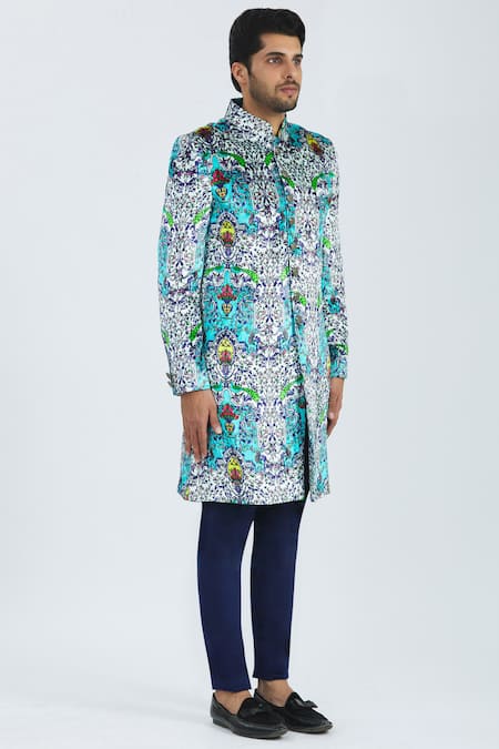 Nautanky_Multi Color Velvet Printed Sherwani Set _Online_at_Aza_Fashions