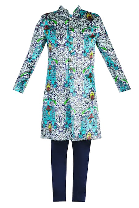 Buy_Nautanky_Multi Color Velvet Printed Sherwani Set _Online_at_Aza_Fashions