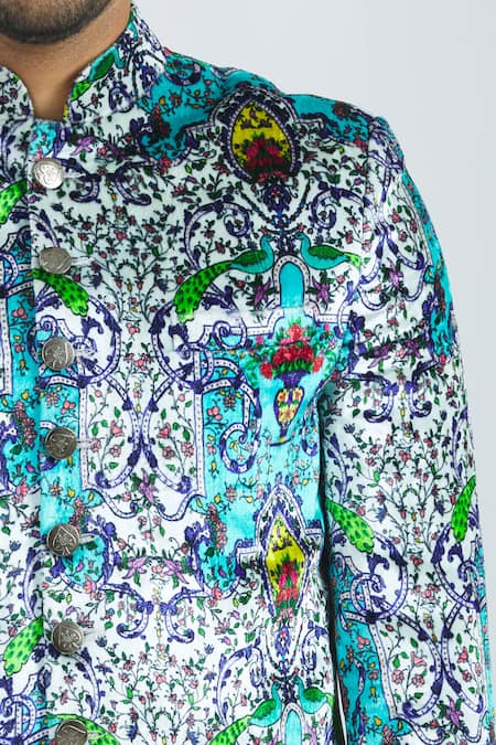 Nautanky_Multi Color Velvet Printed Sherwani Set _at_Aza_Fashions