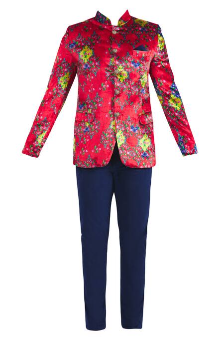 Buy_Nautanky_Red Velvet Printed Bandhgala With Pants _Online_at_Aza_Fashions