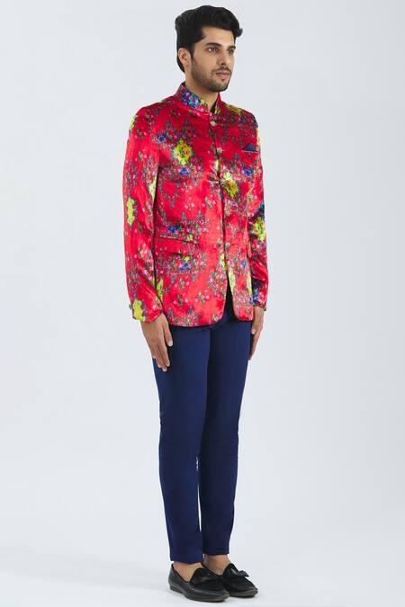 Nautanky_Red Velvet Printed Bandhgala With Pants _Online_at_Aza_Fashions