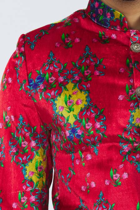 Nautanky_Red Velvet Printed Bandhgala With Pants _at_Aza_Fashions