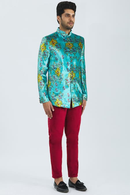 Nautanky_Red Velvet Printed Bandhgala With Pants _Online_at_Aza_Fashions