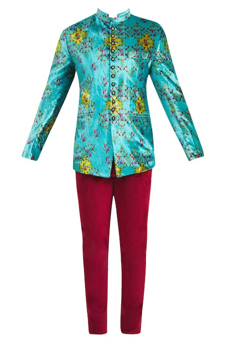 Buy_Nautanky_Red Velvet Printed Bandhgala With Pants _Online_at_Aza_Fashions