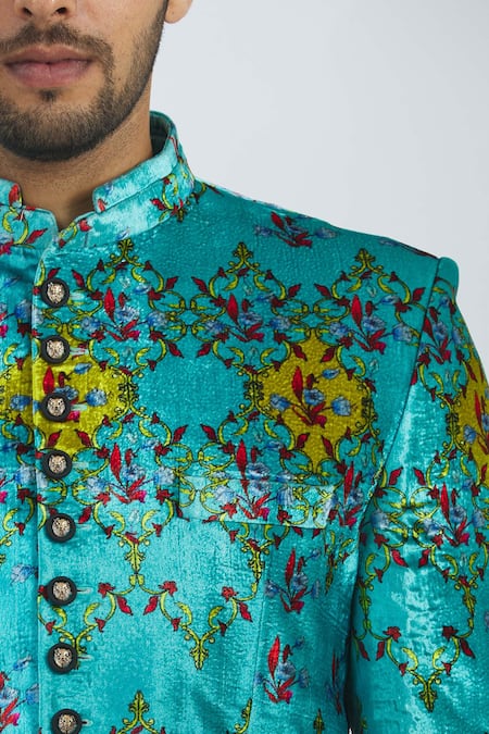 Nautanky_Red Velvet Printed Bandhgala With Pants _at_Aza_Fashions