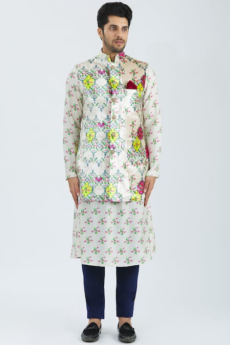 Nautanky Beige Printed Bundi Kurta Set Online at Aza Fashions Nautanky_Beige Printed Bundi Kurta Set _Online_at_Aza_Fashions