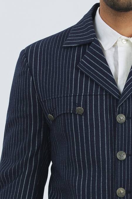 Nautanky_Blue Cotton Striped Jacket With Pant _at_Aza_Fashions