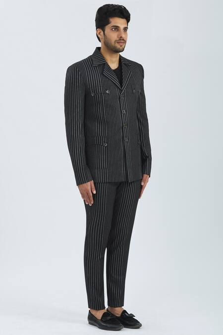 Nautanky_Black Cotton Striped Jacket With Pant _Online_at_Aza_Fashions