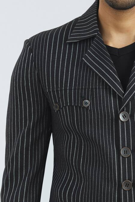 Nautanky_Black Cotton Striped Jacket With Pant _at_Aza_Fashions