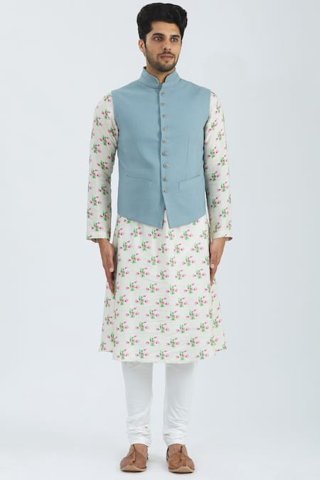 Nautanky_Blue Cotton Button Front Bundi _Online_at_Aza_Fashions