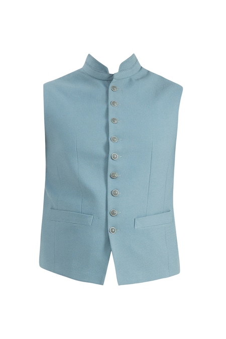 Shop_Nautanky_Blue Cotton Button Front Bundi _Online_at_Aza_Fashions