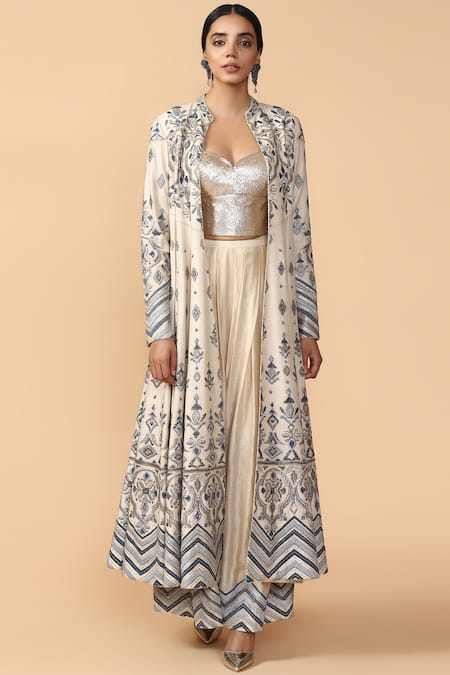 Tarun Tahiliani White Moonga Silk Bustier Sweetheart Neck Embroidered Jacket Pant Set 