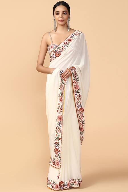 Tarun Tahiliani_White Embroidered Saree With Unstitched Blouse Fabric _Online_at_Aza_Fashions