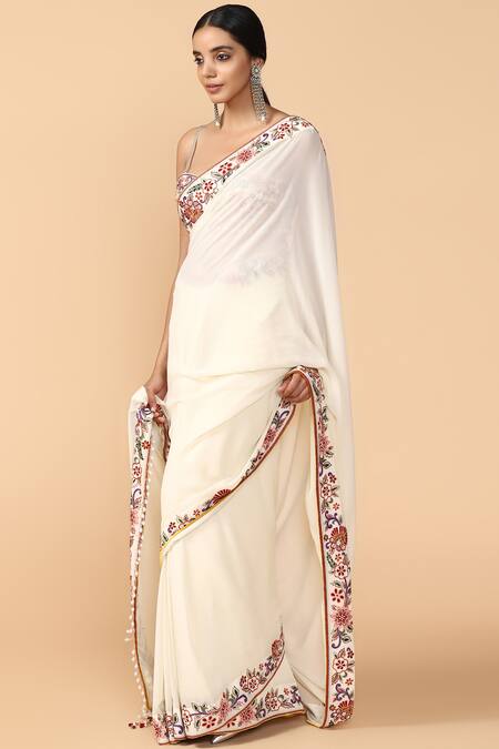 Buy_Tarun Tahiliani_White Embroidered Saree With Unstitched Blouse Fabric _Online_at_Aza_Fashions