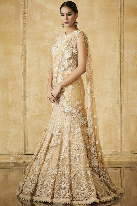Tarun Tahiliani Beige Bodysuit-stretch Tulle Lehenga-soft Net Embroidered Saree Set Online at Aza Fashions Tarun Tahiliani_Beige Bodysuit-stretch Tulle Lehenga-soft Net Embroidered Saree Set _Online_at_Aza_Fashions
