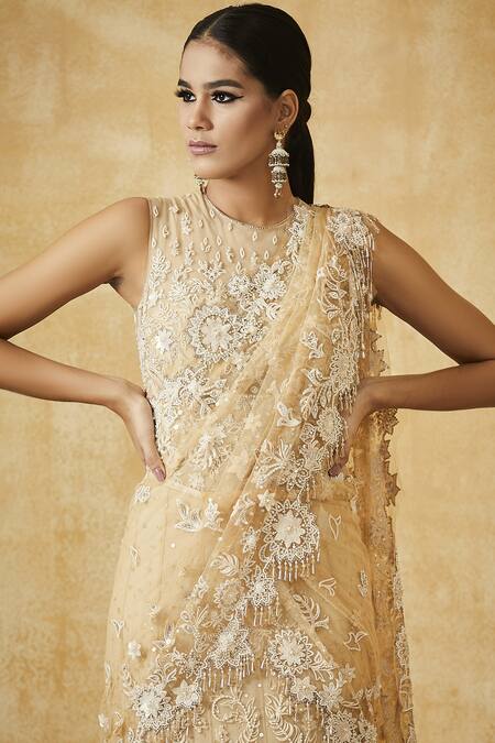 Buy Tarun Tahiliani Beige Bodysuit-stretch Tulle Lehenga-soft Net Embroidered Saree Set Online at Aza Fashions Buy_Tarun Tahiliani_Beige Bodysuit-stretch Tulle Lehenga-soft Net Embroidered Saree Set _Online_at_Aza_Fashions