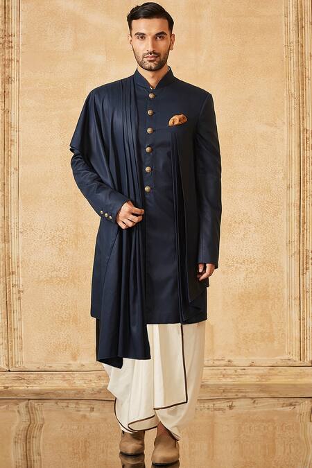 Tarun Tahiliani_Blue Tencel Twill Draped Sherwani Set _Online_at_Aza_Fashions