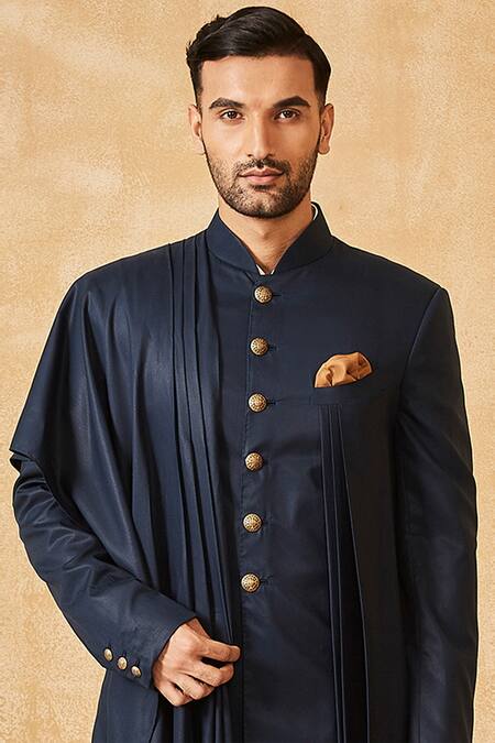 Buy_Tarun Tahiliani_Blue Tencel Twill Draped Sherwani Set _Online_at_Aza_Fashions