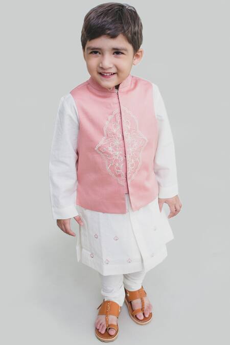 Tiber Taber White Cotton Satin Bundi Kurta Set