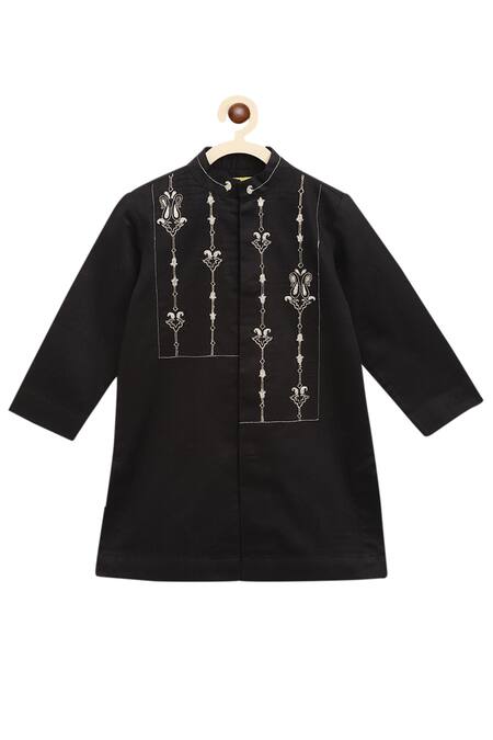 Tiber Taber_Black Satin, Embroidery Kurta Set_Online_at_Aza_Fashions
