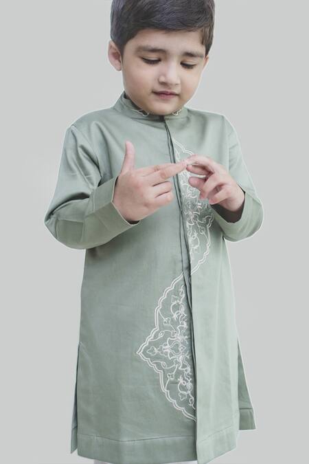 Shop Tiber Taber Green 100% Cotton Satin Kurta Set at Aza Fashions Shop_Tiber Taber_Green 100% Cotton Satin Kurta Set _at_Aza_Fashions