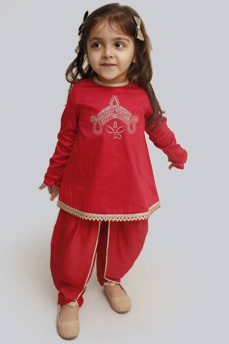 Tiber Taber Red Cotton Satin Kurta Dhoti Set