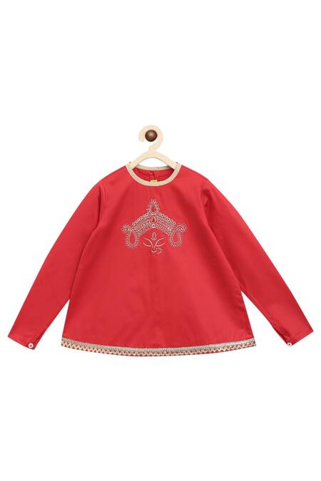 Tiber Taber_Red Cotton Satin Kurta Dhoti Set _Online_at_Aza_Fashions