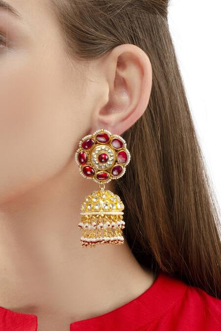 Shop_Auraa Trends_Gold Plated Kundan, Beads, Stones Jhumkas_at_Aza_Fashions