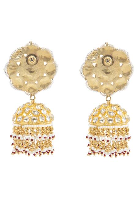 Shop_Auraa Trends_Gold Plated Kundan, Beads, Stones Jhumkas_Online_at_Aza_Fashions